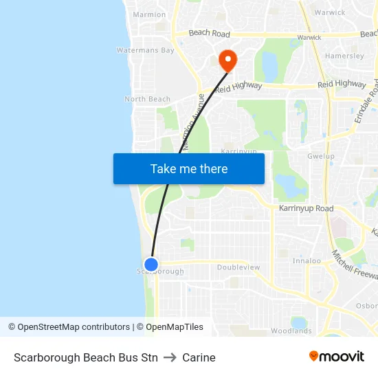 Scarborough Beach Bus Stn to Carine map