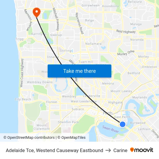 Adelaide Tce, Westend Causeway Eastbound to Carine map
