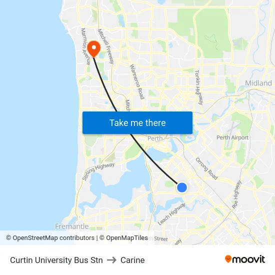 Curtin University Bus Stn to Carine map