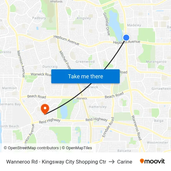 Wanneroo Rd - Kingsway City Shopping Ctr to Carine map