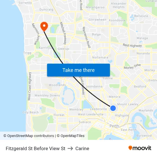 Fitzgerald St Before View St to Carine map