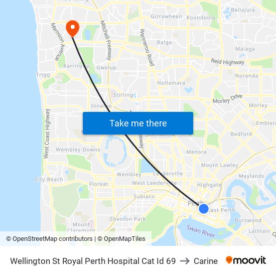 Wellington St Royal Perth Hospital Cat Id 69 to Carine map