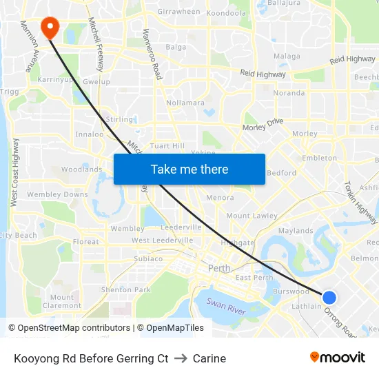 Kooyong Rd Before Gerring Ct to Carine map
