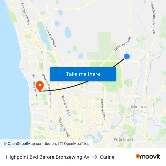 Highpoint Bvd Before Bronzewing Av to Carine map
