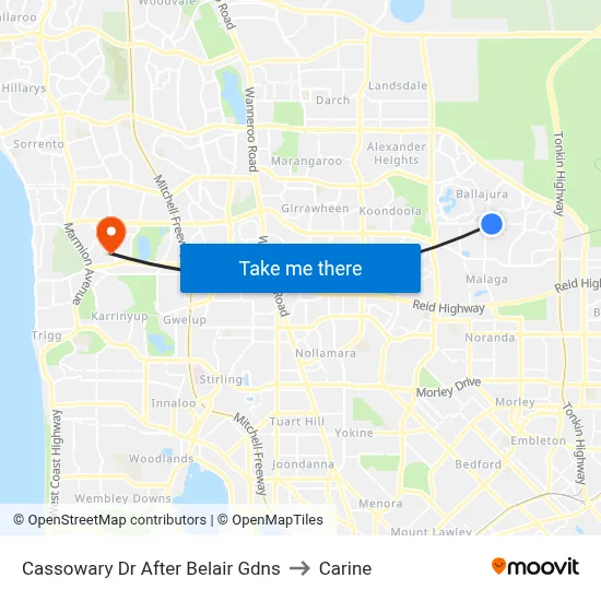 Cassowary Dr After Belair Gdns to Carine map