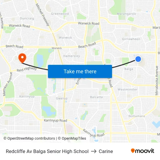 Redcliffe Av Balga Senior High School to Carine map
