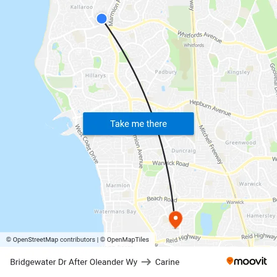 Bridgewater Dr After Oleander Wy to Carine map