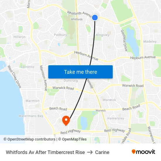 Whitfords Av After Timbercrest Rise to Carine map