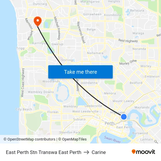 East Perth Stn Transwa East Perth to Carine map