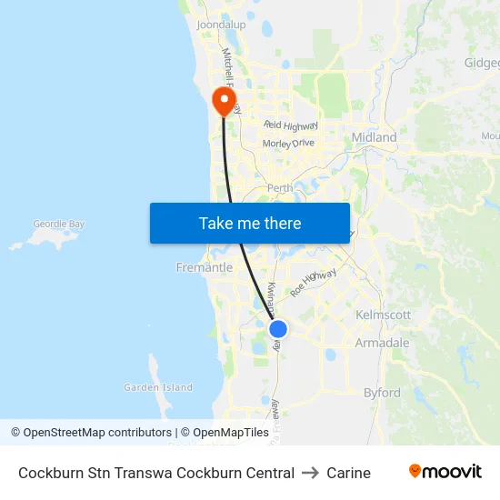 Cockburn Stn Transwa Cockburn Central to Carine map