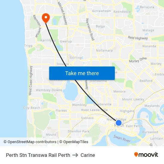 Perth Stn Transwa Rail Perth to Carine map