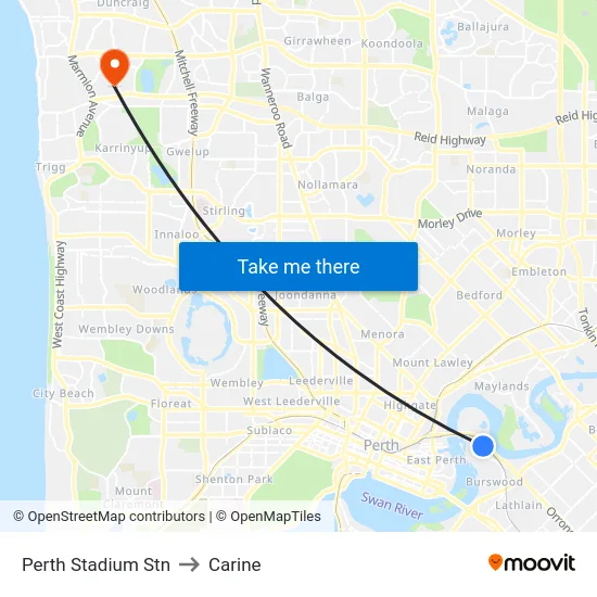 Perth Stadium Stn to Carine map