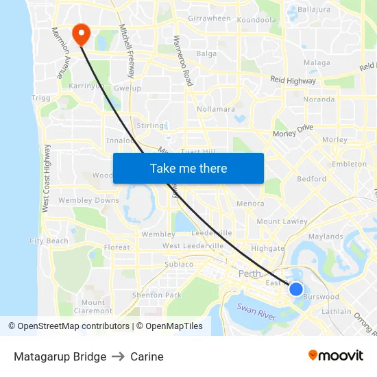 Matagarup Bridge to Carine map