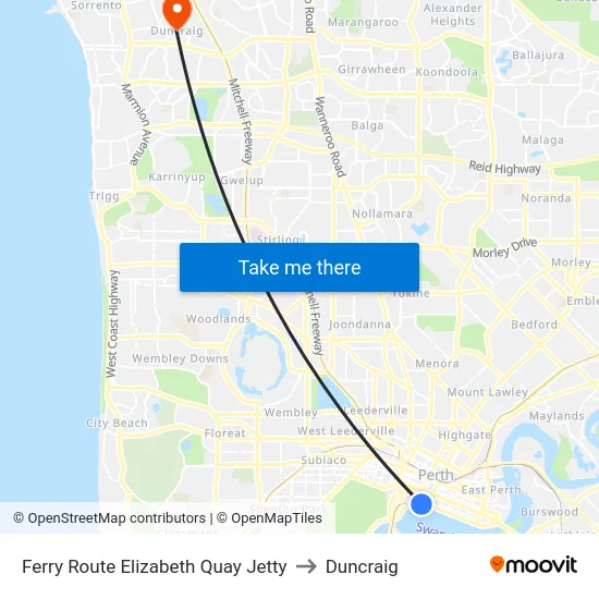 Ferry Route Elizabeth Quay Jetty to Duncraig map