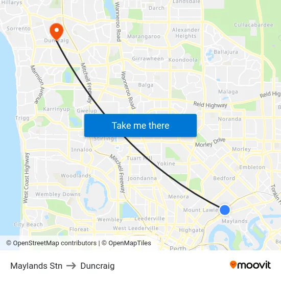 Maylands Stn to Duncraig map