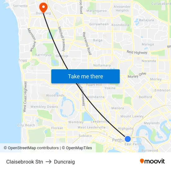 Claisebrook Stn to Duncraig map