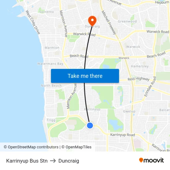 Karrinyup Bus Stn to Duncraig map