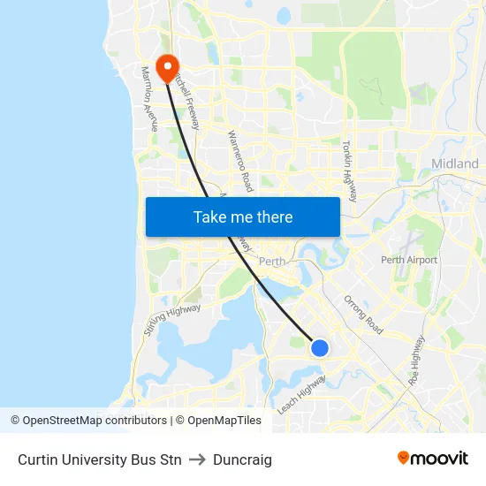 Curtin University Bus Stn to Duncraig map