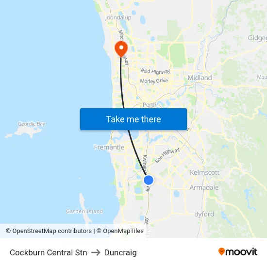Cockburn Central Stn to Duncraig map