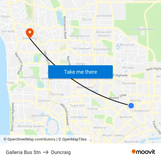Galleria Bus Stn to Duncraig map