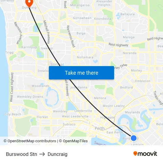 Burswood Stn to Duncraig map