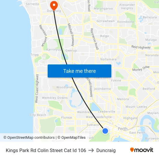 Kings Park Rd Colin Street Cat Id 106 to Duncraig map