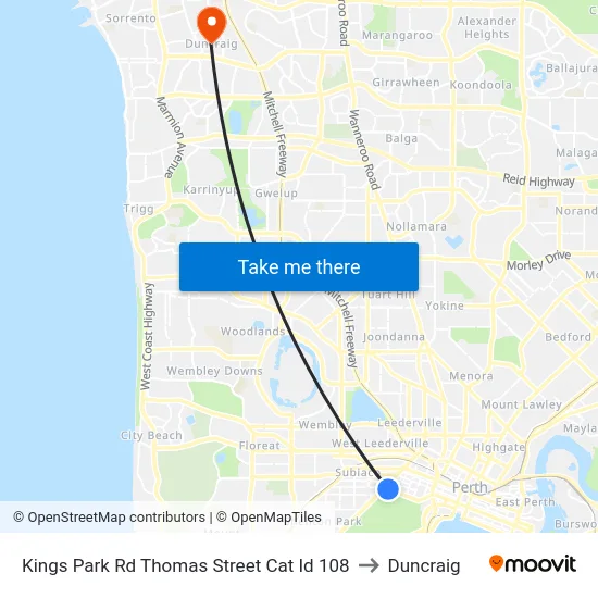 Kings Park Rd Thomas Street Cat Id 108 to Duncraig map