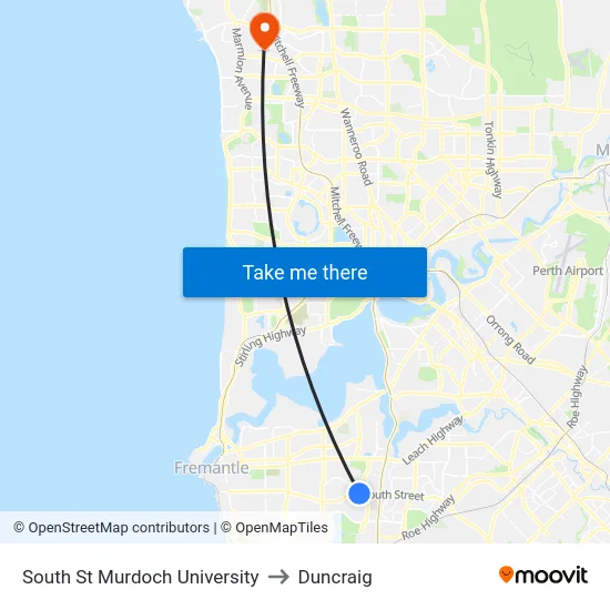 South St Murdoch University to Duncraig map