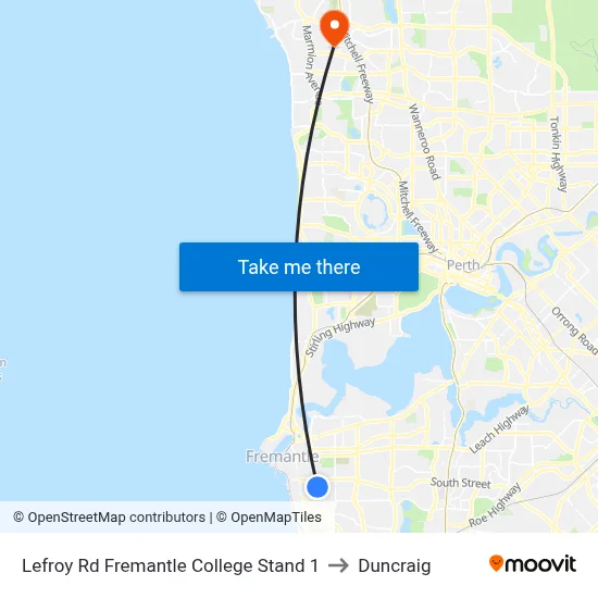 Lefroy Rd Fremantle College Stand 1 to Duncraig map