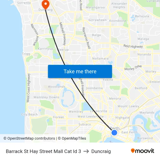 Barrack St Hay Street Mall Cat Id 3 to Duncraig map