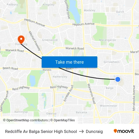Redcliffe Av Balga Senior High School to Duncraig map