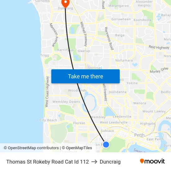 Thomas St Rokeby Road Cat Id 112 to Duncraig map