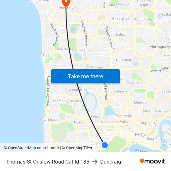 Thomas St Onslow Road Cat Id 135 to Duncraig map