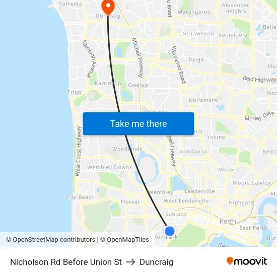 Nicholson Rd Before Union St to Duncraig map