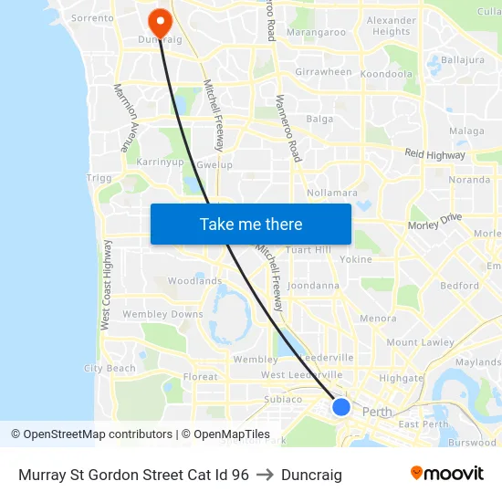 Murray St Gordon Street Cat Id 96 to Duncraig map