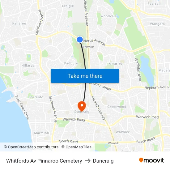 Whitfords Av Pinnaroo Cemetery to Duncraig map
