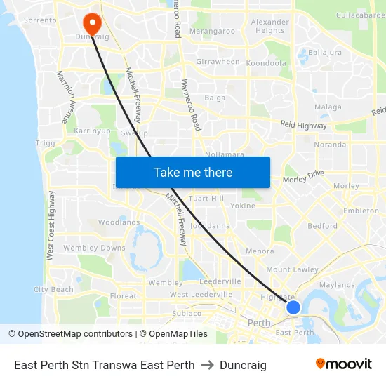 East Perth Stn Transwa East Perth to Duncraig map