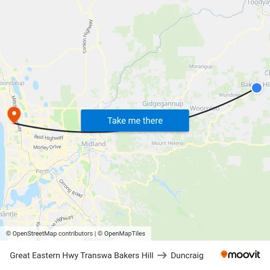 Great Eastern Hwy Transwa Bakers Hill to Duncraig map