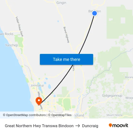Great Northern Hwy Transwa Bindoon to Duncraig map
