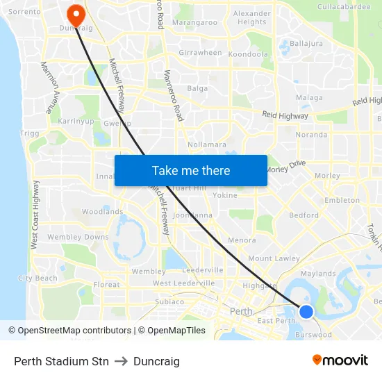 Perth Stadium Stn to Duncraig map