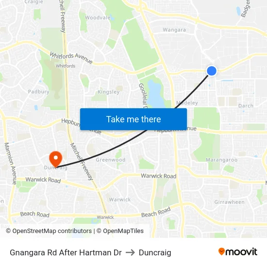 Gnangara Rd After Hartman Dr to Duncraig map