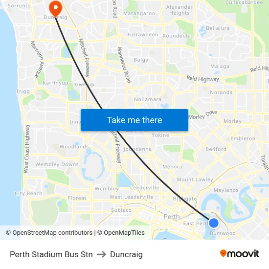 Perth Stadium Bus Stn to Duncraig map