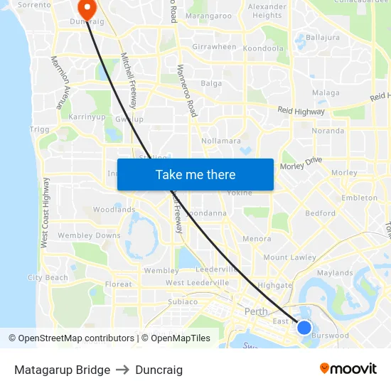 Matagarup Bridge to Duncraig map