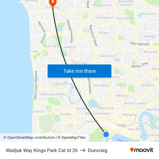 Wadjuk Way Kings Park Cat Id 26 to Duncraig map
