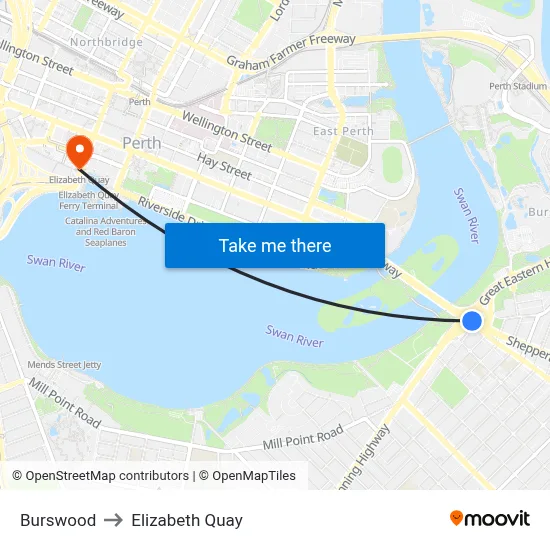 Burswood to Elizabeth Quay map
