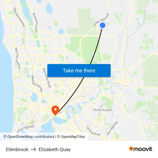 Ellenbrook to Elizabeth Quay map