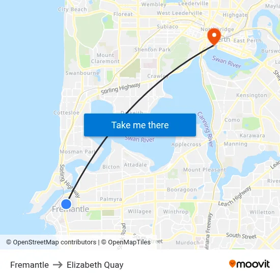 Fremantle to Elizabeth Quay map