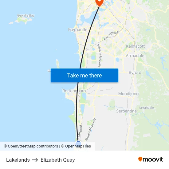 Lakelands to Elizabeth Quay map