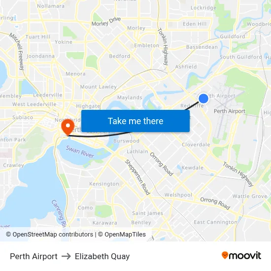 Perth Airport to Elizabeth Quay map
