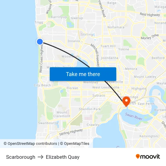 Scarborough to Elizabeth Quay map